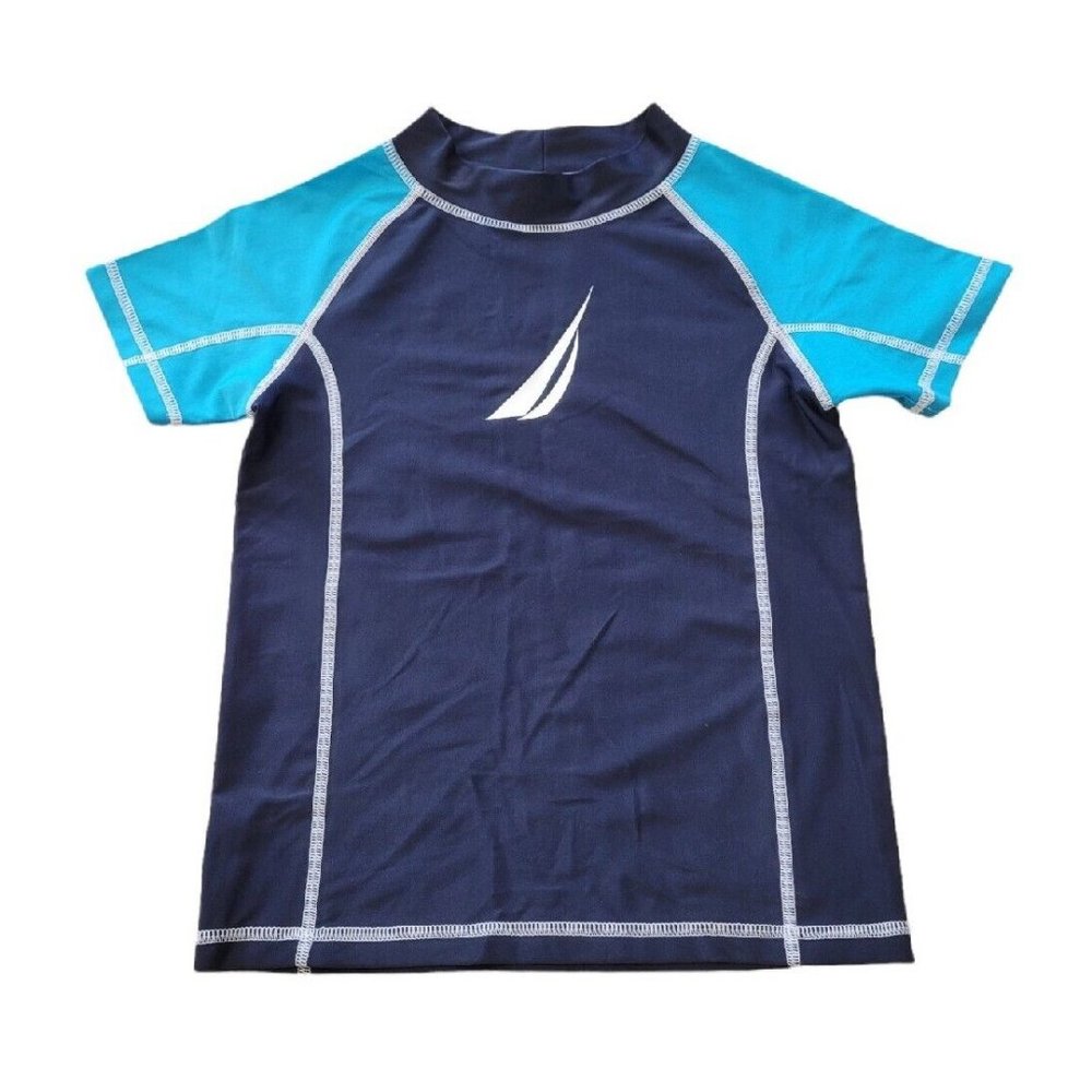 Nautica L/7 Boys Youth Short Sleeve Performance Shirt Swim Rash Guard Navy Blue